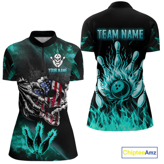 Turquoise Flaming American Flag Skull Bowling Shirt For Women Custom Fire Bowling Team Jersey TDM4693