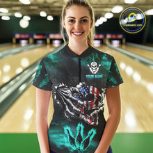 Load image into Gallery viewer, Turquoise Flaming American Flag Skull Bowling Shirt For Women Custom Fire Bowling Team Jersey TDM4693