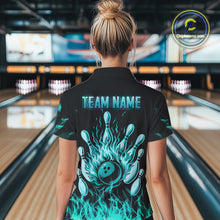 Load image into Gallery viewer, Turquoise Flaming American Flag Skull Bowling Shirt For Women Custom Fire Bowling Team Jersey TDM4693