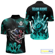 Load image into Gallery viewer, Turquoise Flaming American Flag Skull Bowling Shirt For Men Custom Fire Bowling Team Jersey TDM4693
