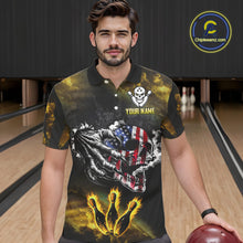 Load image into Gallery viewer, Yellow Flaming American Flag Skull Bowling Shirt For Men Custom Fire Bowling Team Jersey TDM4694