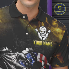 Load image into Gallery viewer, Yellow Flaming American Flag Skull Bowling Shirt For Men Custom Fire Bowling Team Jersey TDM4694