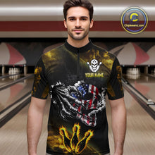 Load image into Gallery viewer, Yellow Flaming American Flag Skull Bowling Shirt For Men Custom Fire Bowling Team Jersey TDM4694