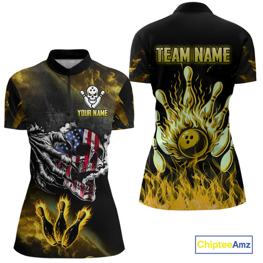 Yellow Flaming American Flag Skull Bowling Shirt For Women Custom Fire Bowling Team Jersey TDM4694