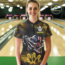 Load image into Gallery viewer, Yellow Flaming American Flag Skull Bowling Shirt For Women Custom Fire Bowling Team Jersey TDM4694