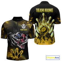 Load image into Gallery viewer, Yellow Flaming American Flag Skull Bowling Shirt For Men Custom Fire Bowling Team Jersey TDM4694