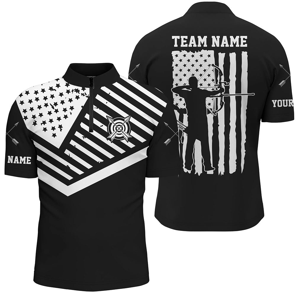 Personalized Black White Us Flag Archery Men Quarter-Zip Shirts, Archery Shirt For Patriot TDM0652