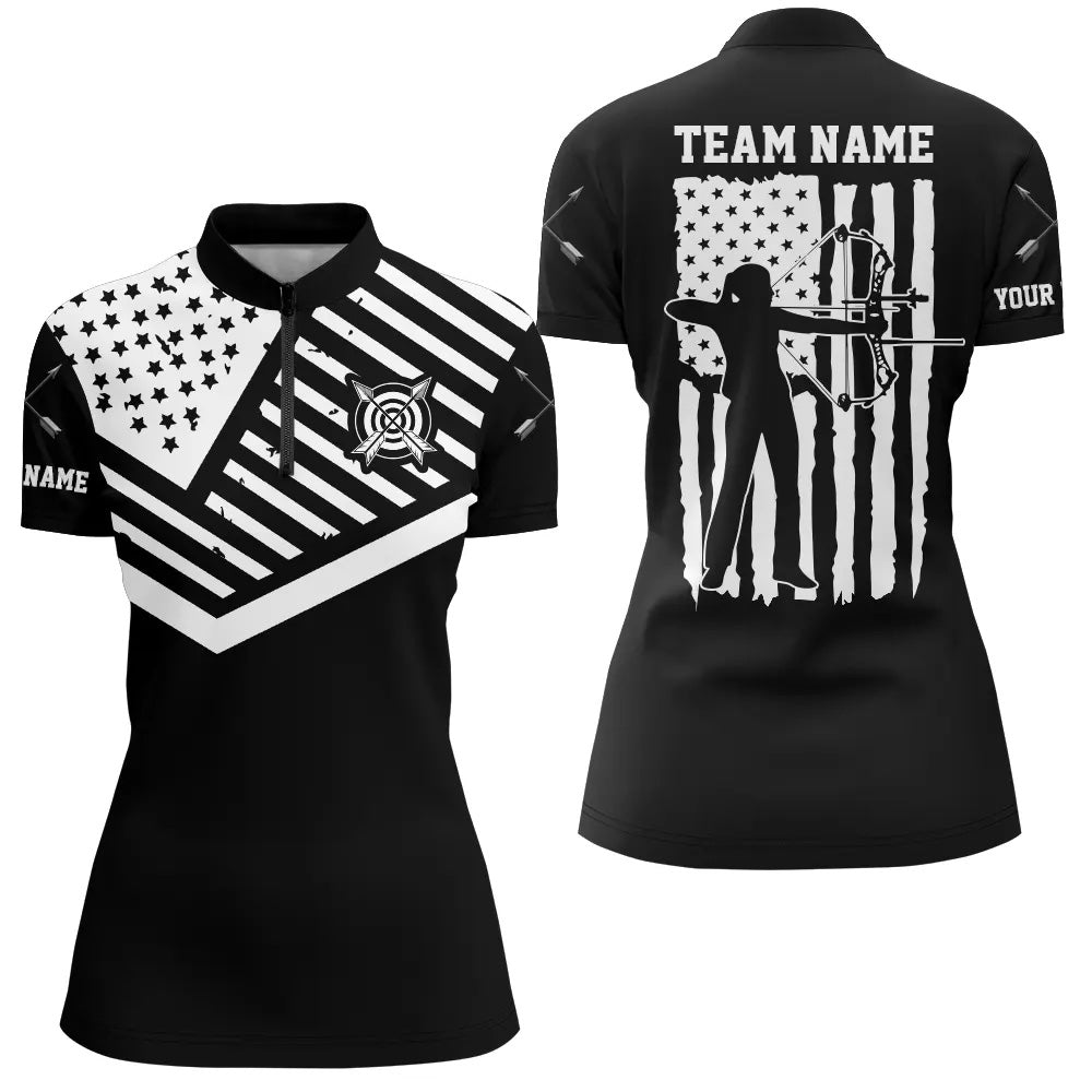 Personalized Black White Us Flag Archery Women Quarter-Zip Shirts, Archery Shirt For Patriot TDM0652