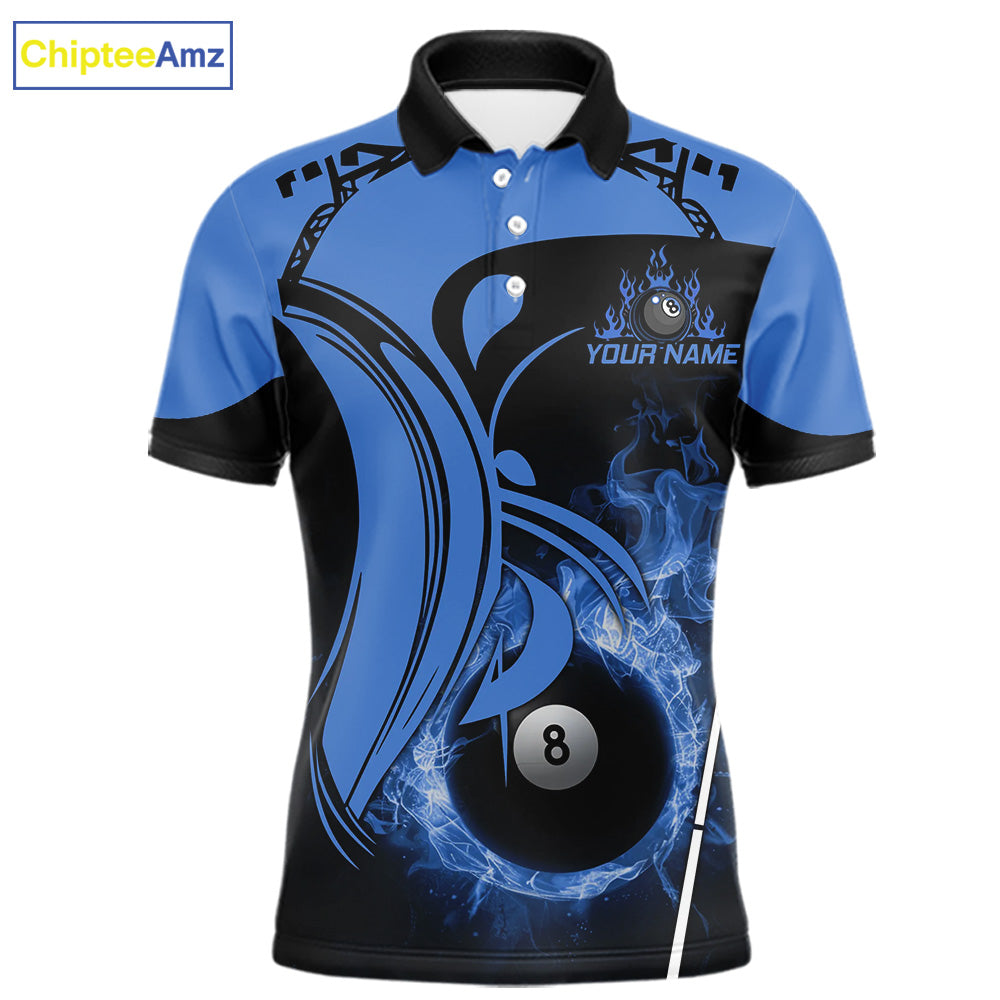Personalized Blue 8 Ball Fire Flame Billiard Shirt For Men, Pool Team Jersey Polo & 1/4 Zip TDM5974