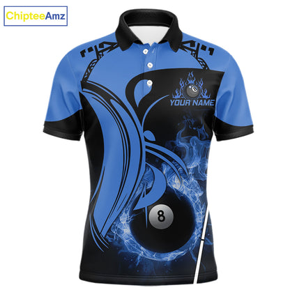 Personalized Blue 8 Ball Fire Flame Billiard Shirt For Men, Pool Team Jersey Polo & 1/4 Zip TDM5974