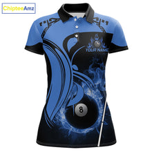 Load image into Gallery viewer, Personalized Blue 8 Ball Fire Flame Billiard Shirt For Women, Pool Team Jersey Polo &amp; 1/4 Zip TDM5974