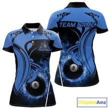 Load image into Gallery viewer, Personalized Blue 8 Ball Fire Flame Billiard Shirt For Women, Pool Team Jersey Polo &amp; 1/4 Zip TDM5974
