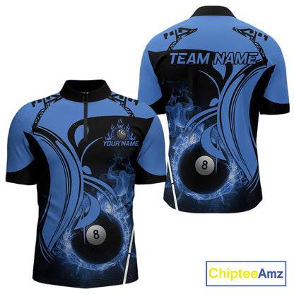 Personalized Blue 8 Ball Fire Flame Billiard Shirt For Men, Pool Team Jersey Polo & 1/4 Zip TDM5974