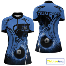 Load image into Gallery viewer, Personalized Blue 8 Ball Fire Flame Billiard Shirt For Women, Pool Team Jersey Polo &amp; 1/4 Zip TDM5974