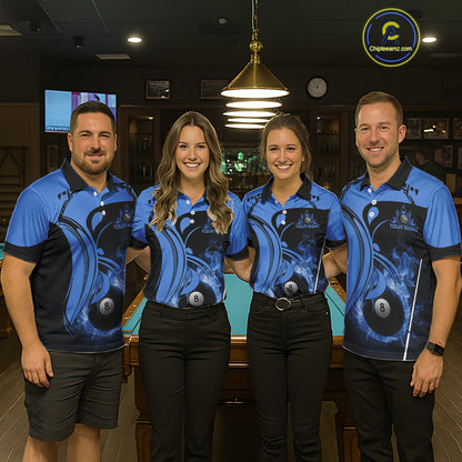 Personalized Blue 8 Ball Fire Flame Billiard Shirt For Men, Pool Team Jersey Polo & 1/4 Zip TDM5974