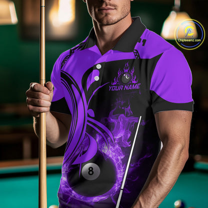 Personalized Purple 8 Ball Fire Flame Billiard Shirt For Men, Pool Team Jersey Polo & 1/4 Zip TDM5975