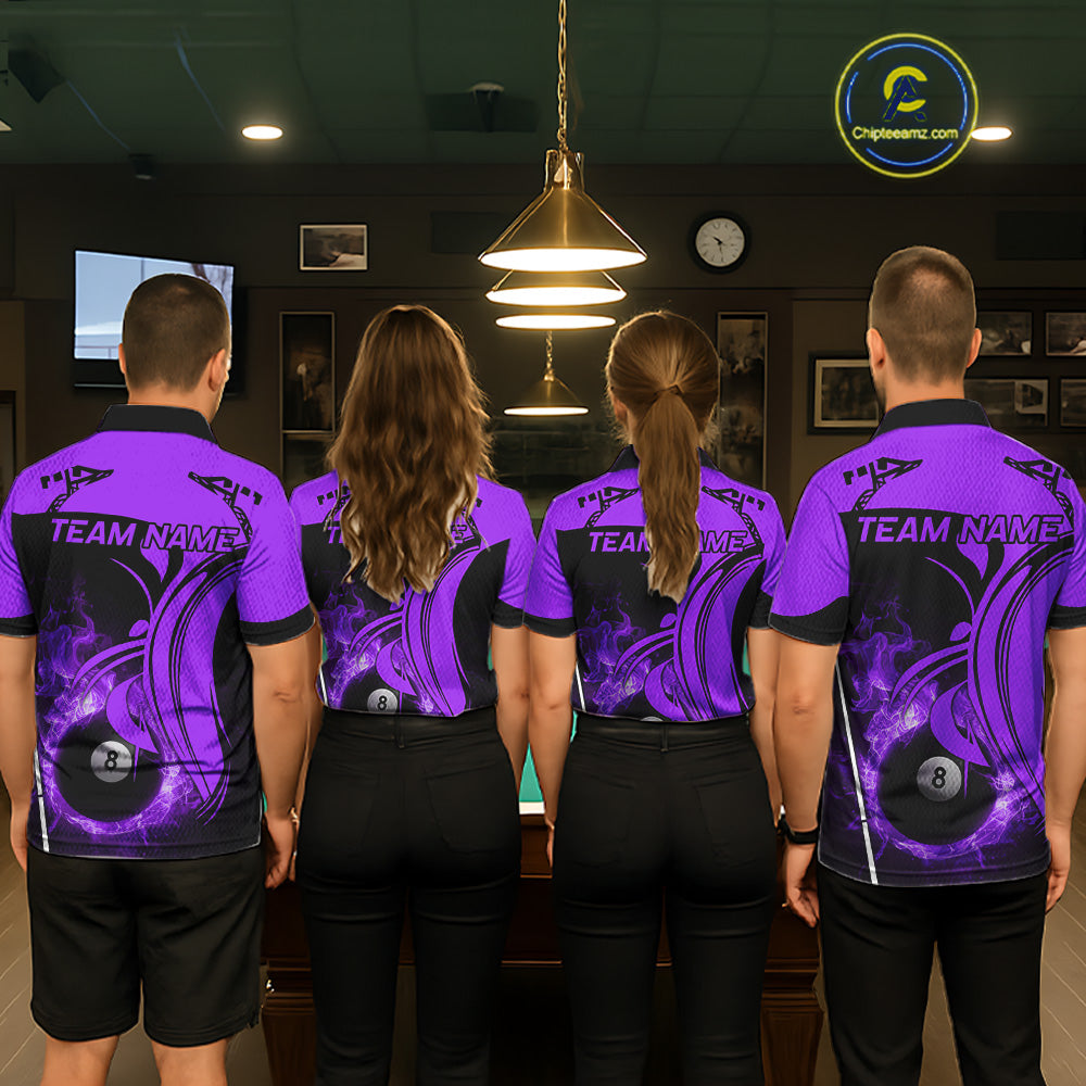 Personalized Purple 8 Ball Fire Flame Billiard Shirt For Men, Pool Team Jersey Polo & 1/4 Zip TDM5975