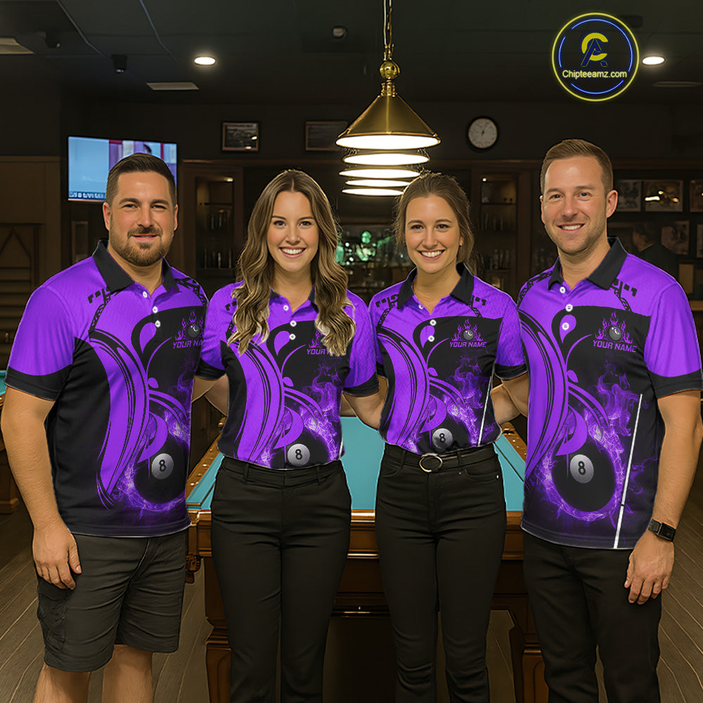 Personalized Purple 8 Ball Fire Flame Billiard Shirt For Men, Pool Team Jersey Polo & 1/4 Zip TDM5975