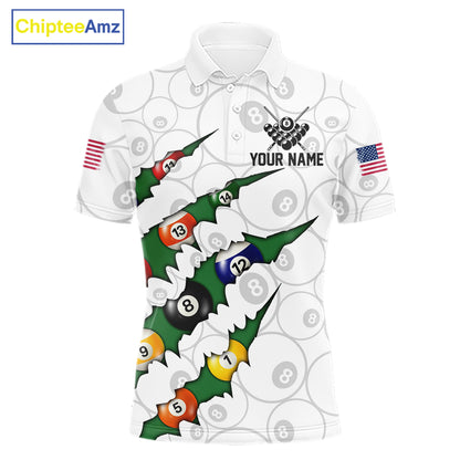 Custom Green 8 Ball Pool Scratch Billiard Shirt For Men, White Billiard Team Jersey Polo & 1/4 Zip TDM6440