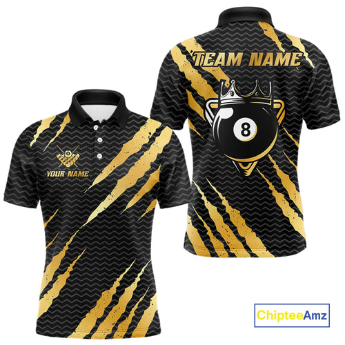 Black And Gold Scratch Billiard Shirts For Men Custom 8 Ball Crown Pool Team Jersey Polo & 1/4 Zip TDM4095