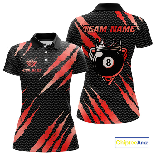 Black And Red Scratch Billiard Shirts For Women Custom 8 Ball Crown Pool Team Jersey Polo & 1/4 Zip TDM4096