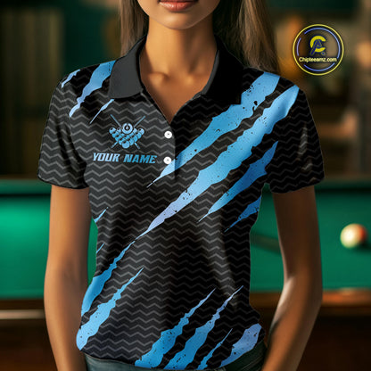 Black And Blue Scratch Billiard Shirts For Women Custom 8 Ball Crown Pool Team Jersey Polo & 1/4 Zip TDM4097