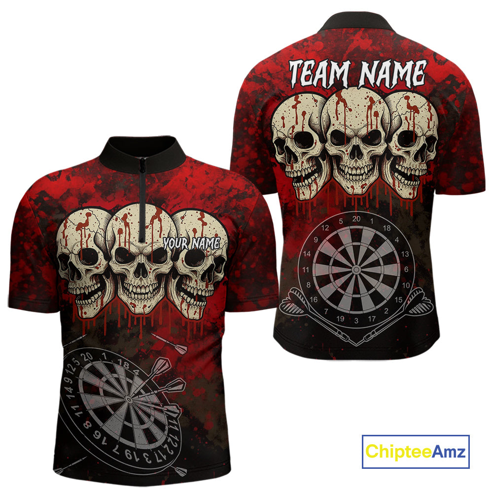 Black And Red Grunge Skull Mens Dart Shirts Custom Dart Jerseys Team Polo & Quarter Zip TDM5127