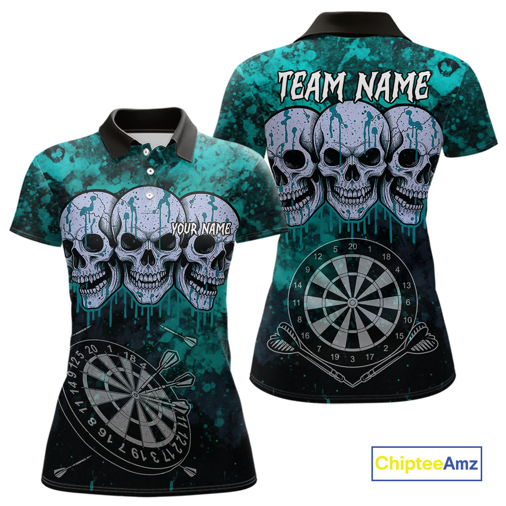 Black And Turquoise Grunge Skull Womens Dart Shirts Custom Dart Jerseys Team Polo & Quarter Zip TDM5129