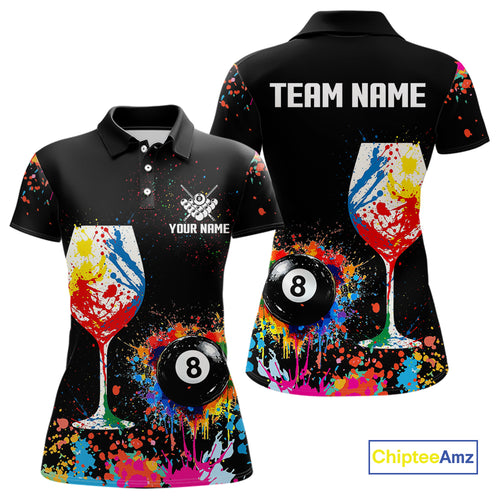 Personalized Colorful Splash 8 Ball Billiard Shirts For Women, Funny Wine Glass Custom Pool Jerseys TDM4100
