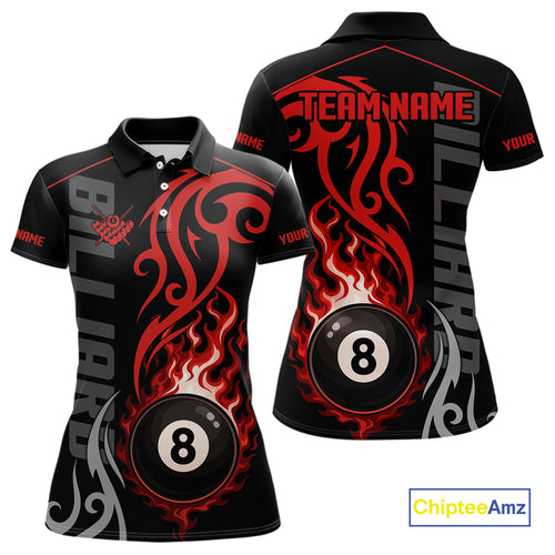 Black And Red Tribal Flame 8 Ball Pool Billiards Shirts For Women Custom Pool Team Jerseys TDM4101