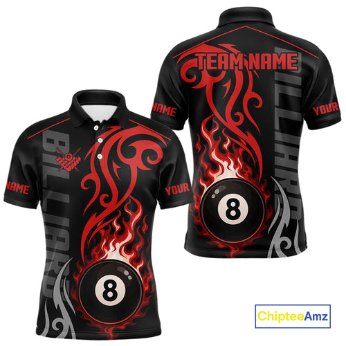 Black And Red Tribal Flame 8 Ball Pool Billiards Shirts For Men Custom Pool Team Jerseys TDM4101