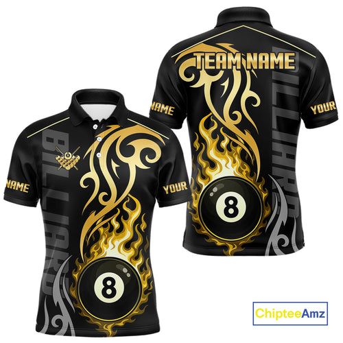 Black And Gold Tribal Flame 8 Ball Pool Billiards Shirts For Men Custom Pool Team Jerseys TDM4102