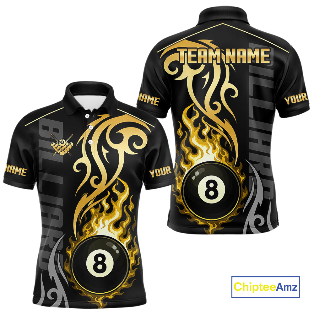 Black And Gold Tribal Flame 8 Ball Pool Billiards Shirts For Men Custom Pool Team Jerseys TDM4102