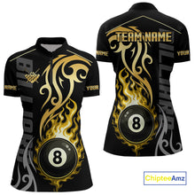 Load image into Gallery viewer, Black And Gold Tribal Flame 8 Ball Pool Billiards Shirts For Women Custom Pool Team Jerseys TDM4102