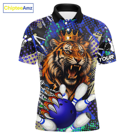 Personalized blue graffiti tiger bowling polo shirt for men, custom bowling team jersey.