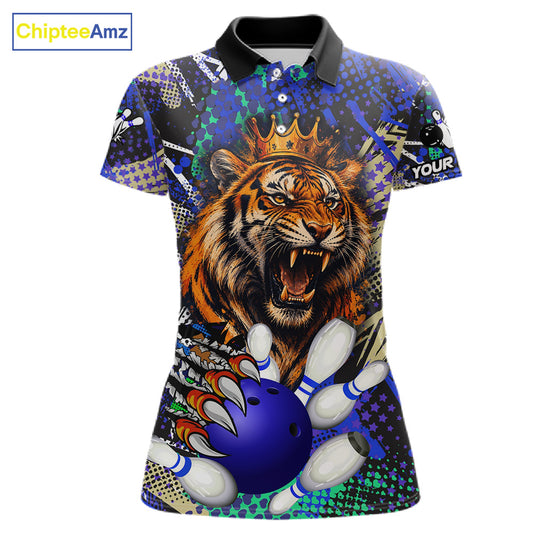 Personalized blue graffiti tiger bowling polo shirt for women, custom bowling team jersey.