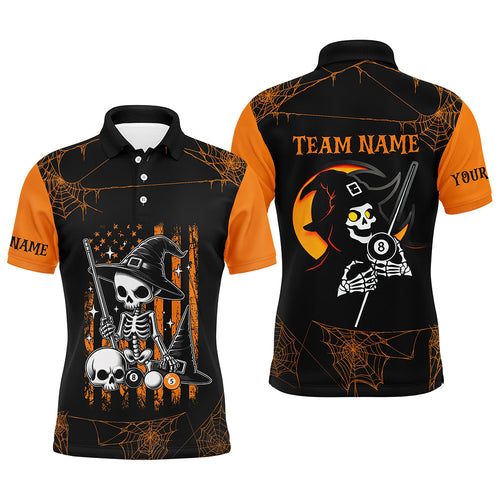 Funny Skeleton US Flag Billiard Halloween Shirts For Men Custom Black Orange Billiard Jerseys TDM2407
