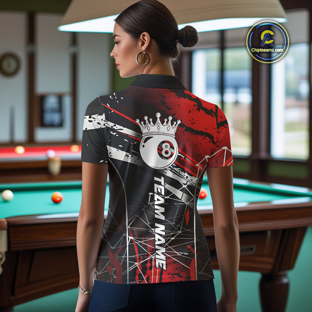 Black And Red 8 Ball Crown Women's Billiard Shirts Custom Billiards Jerseys, Pool League Team Shirts TDM5131