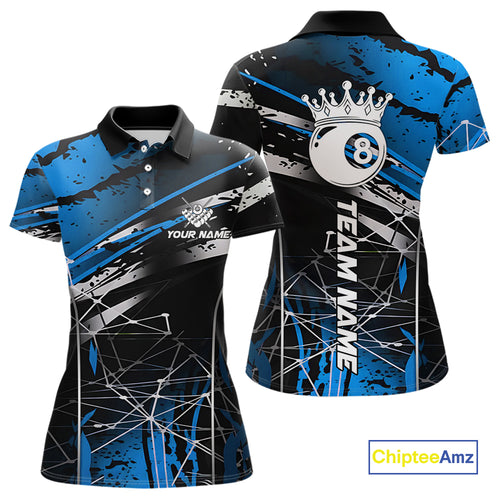 Black And Blue 8 Ball Crown Women's Billiard Shirts Custom Billiards Jerseys, Pool League Team Shirt TDM5133