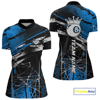Black And Blue 8 Ball Crown Women's Billiard Shirts Custom Billiards Jerseys, Pool League Team Shirt TDM5133