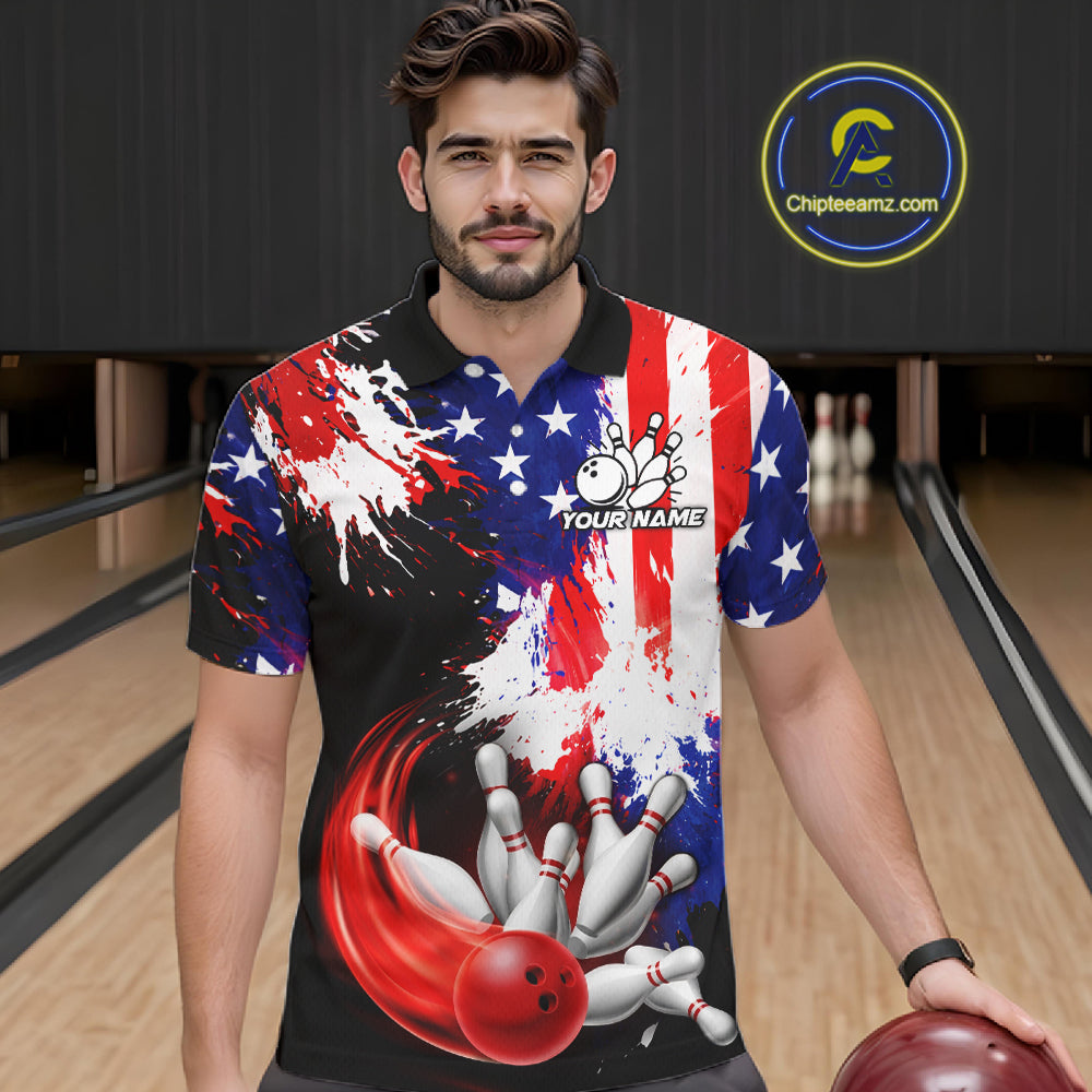 Custom Grunge American Flag Bowling Shirt For Men, Patriotic Bowling Jersey Team Polo & 1/4 Zip TDM6227
