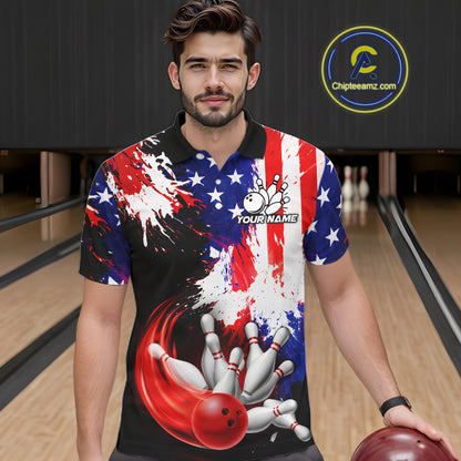 Custom Grunge American Flag Bowling Shirt For Men, Patriotic Bowling Jersey Team Polo & 1/4 Zip TDM6227