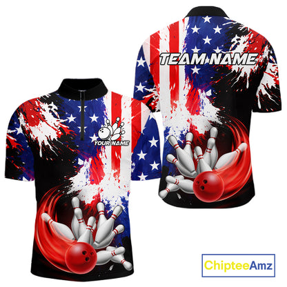 Custom Grunge American Flag Bowling Shirt For Men, Patriotic Bowling Jersey Team Polo & 1/4 Zip TDM6227
