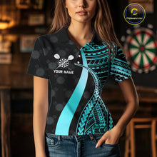 Load image into Gallery viewer, Personalized Black And Turquoise Tribal Dart Shirts For Women Custom Dart Jersey Team Polo &amp; 1/4 Zip TDM4106