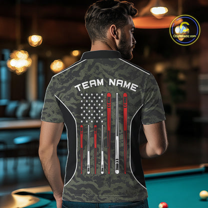 Back view of man wearing a forest camo pool team shirt in a billiards hall.