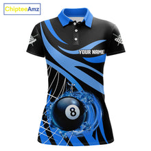 Load image into Gallery viewer, Women’s blue flame 8 ball pool polo shirt with custom billiard team graphics and league style.