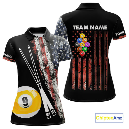 Retro Grunge American Flag 9 Ball Pool Billiard Shirt For Women Custom Patriotic Billiard Team Jersey TDM4474