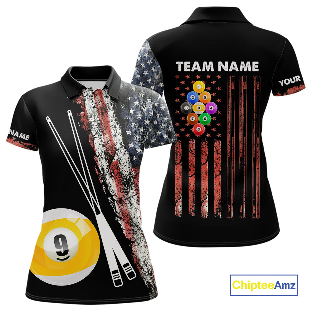 Retro Grunge American Flag 9 Ball Pool Billiard Shirt For Women Custom Patriotic Billiard Team Jersey TDM4474