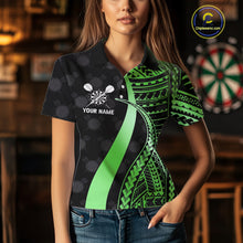 Load image into Gallery viewer, Personalized Black And Green Tribal Dart Shirts For Women Custom Darts Jersey Team Polo &amp; 1/4 Zip TDM4915