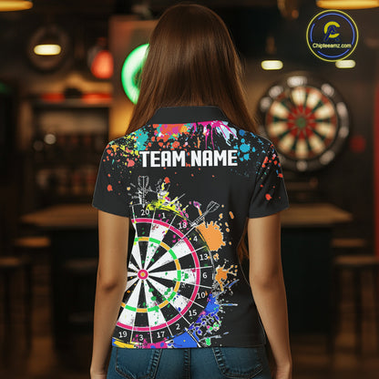 Funny Dartboard Colorful Paint Dart Shirt For Women Custom Darts Team Jersey Polo & 1/4 Zip |Black TDM5624